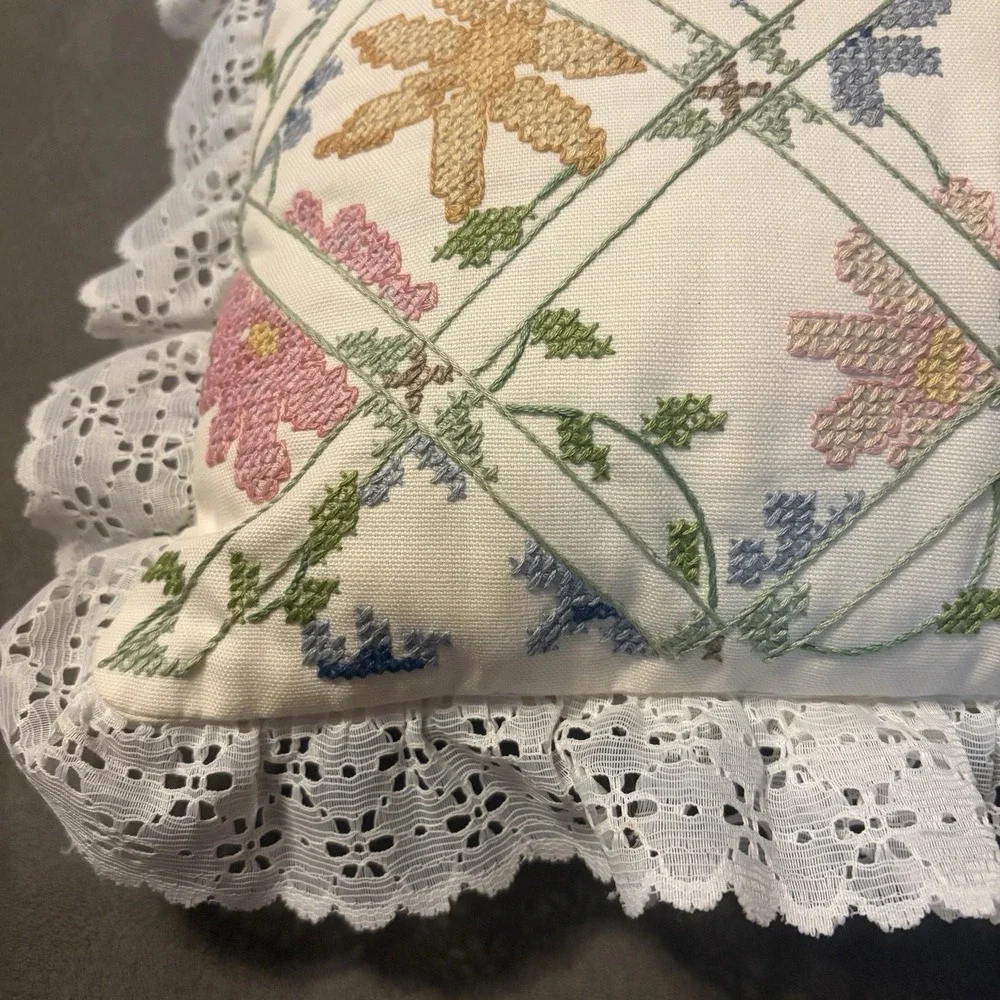 VTG Handmade Throw Pillow Cream Floral Cross Stitch Lace Trim Cottagecore Granny